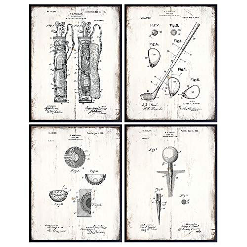 Golf Balls, Clubs, Tees, Bags Patent Print Wall Art - Rustic Room Decor For Office, Man Cave, Den, Living Room - Gift For Men, Teens, Guys, Golfing Sports Fan, Golfer - Sign Print Photo Plaque Set