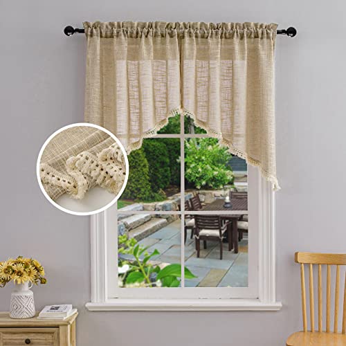 Beda Home Tassel Linen Textured Swag Curtain Valance for Farmhouses Kitchen Light Filtering Rustic Short Swag Topper for Small Windows Bedroom Privacy Added Rod Pocket Design Taupe 36×36 2PCs