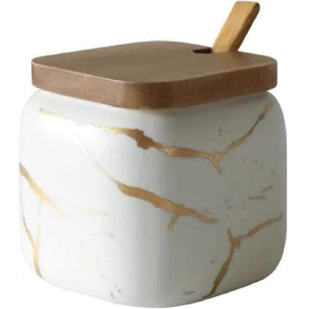 Vollfityyuceramic Spice Jar Marble Look Salt Jar 360 Ml Kitchen