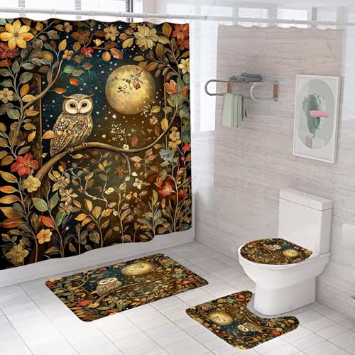 Xemhocqy 4Pcs Boho Owl Art Shower Curtain With Hooks Summer Colorful Owl Animals Moon Fabric Decorative Bathroom Curtain Set For Watercolor Owl Bathroom Decor 72In Art Owl Printing Background Cloth cover
