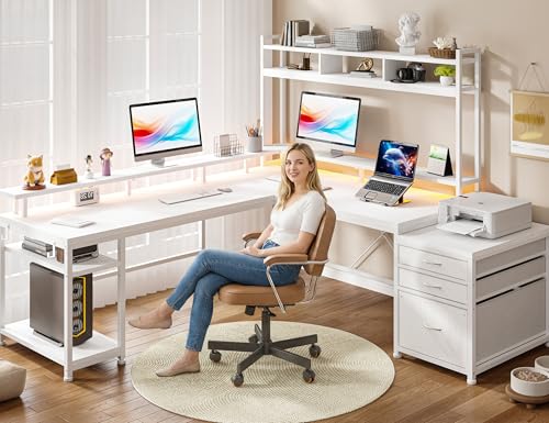Image of EnHomee 104''L Shaped Desk with 4 Layouts,Outlet for Two Person Home Office | 4 Layout Sizes 64''-104'', Multi-Room Compatibility, 4 AC+2 USB Outlet, Multi-Monitor Stand, Simultaneous Work and Charging