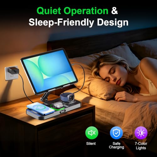 Image of 6 in 1 Charging Station for Samsung Multiple Devices, Foldable Wired Charging Stand for iPad /Tab with Clock & Light, Charger for S26 /S25 Ultra /Z Fold 7 & Buds, Only for Galaxy Watch(Black)