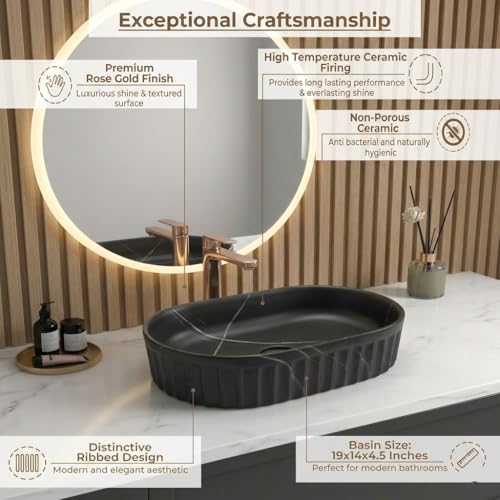 Image of BASSINO 22x14x6 Inches Ceramic Table Top Wash Basin /Designer Bathroom Sink /Countertop Vessel Basin /Oblong-Oval Above Counter Basin /Luxury Wash Basin for Bathroom /Dining Hall(Matt Black Marble Finish)