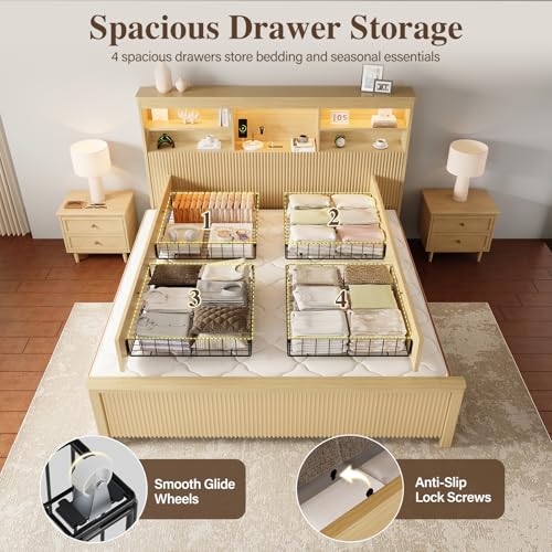 Uteeran King Size Bed Frame and Tall Headboard & Storage, Metal Platform Bed Frame with 4 Storage Drawers, King Bed Frame with LED Lights & Charging Ports, No Box Spring Needed, Noise-Free, Natural — view 6