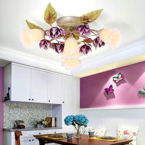 Pastorale Deckenleuchten Für Balkon Lila Deckenleuchte Mit Unterputzmontage Und Glasschirm Florale Deckenleuchte Für Wohnzimmer Esszimmer Cafe