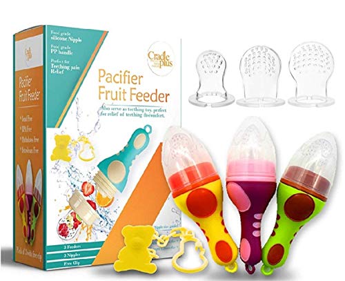 Baby Fruit Feeder Pacifier (3 Pack) | baby Food feeder | fresh fruit Teething Toy Feeder | Silicone Nipple, Teether, Soother, Pouches for Babies by Cradle Plus
