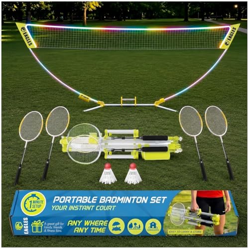 Image of Complete Portable Badminton Set - Quick & Easy Setup - 4 Rackets 2 Birdies Shuttlecock 1 Net & Badmington Pole Frame for Backyard Park & Beach Games Indoor Outdoor