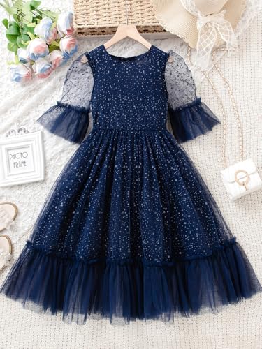 New Girls 3-11Y Navy Sparkly Mesh Dress Ruffle Sleeve Party Dress Back Zip4