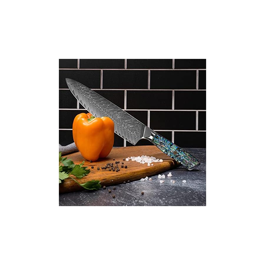 SENKEN-Damascus-Steel-8-Chef-Knife-with-Real-Deep-Sea-Abalone-Shell-Handle-Umi-Collection-67-Layer-Japanese-VG10-Forged-Steel-Blade-Integrated-Full-Tang-Molding-Angled-Bolster-8-Chef-Knife SENKEN Damascus Steel 8" Chef Knife with Real Deep-Sea Abalone Shell Handle - Umi Collection - 67-Layer Japanese VG10 Forged Steel Blade, Integrated Full-Tang Molding, Angled Bolster (8" Chef Knife)