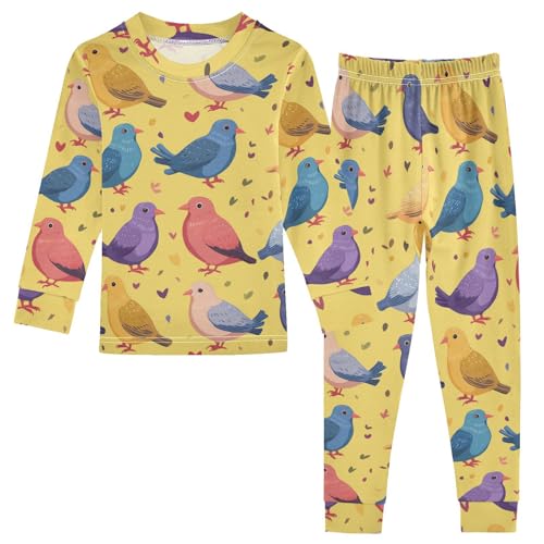 Pajama Sets Long Sleeve Colorful Birds on Yellow Soft Comfy Sleepwear 2 Piece PJS 3-8T