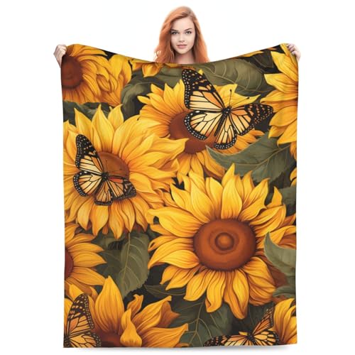 amepay Sunflower Butterfly Blanket Gifts for Girls Women Floral Flannel Throw Blankets for Home Couch Bed Sofa Soft Fuzzy Lightweight Decor All Season 80x60 Inches