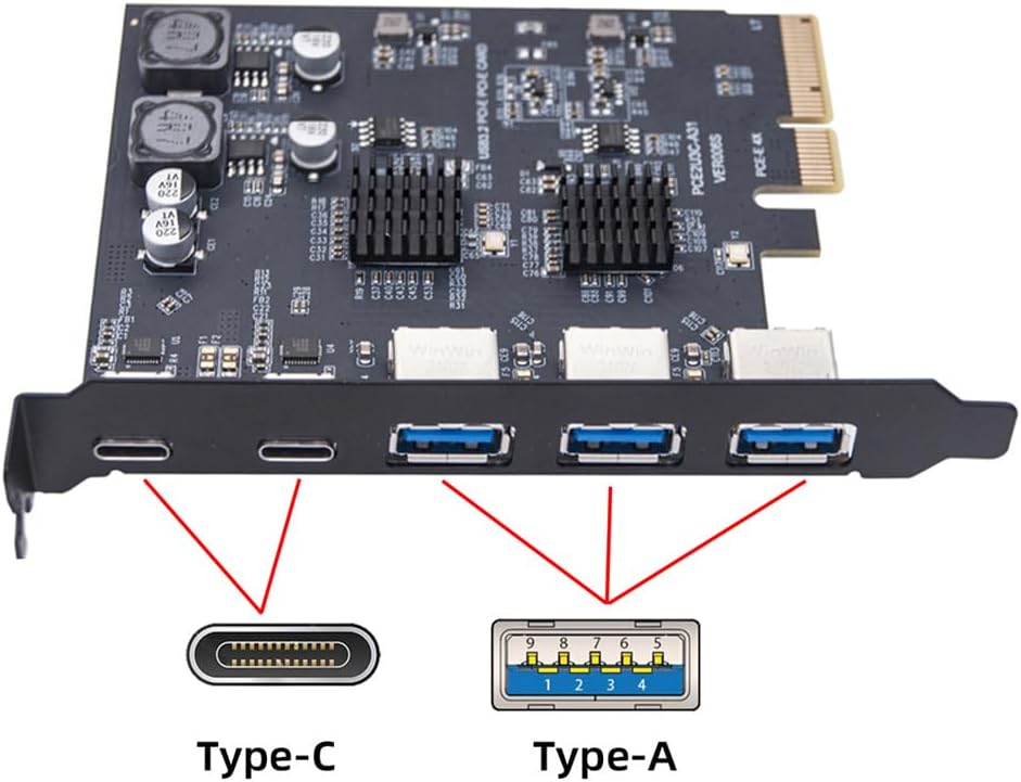 xiwai Superspeed 10Gbps PCIE USB Card PCI-E Express to Three Ports Type-A USB3.0 Back Panel Socket & Dual USB3.1 USB-C Type-C Expansion Adapter ASM3142 VL822