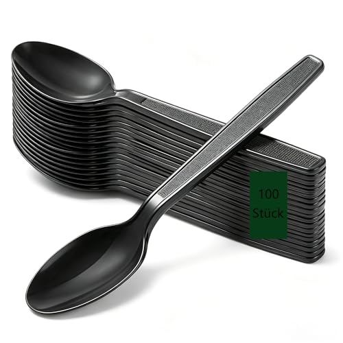 Suomiya 100 Stück Wiederverwendbare Löffel Schwar 16.5cm Plastikbesteck für Gastronomie Hochwertig robustes Löffel für Obst Salate Mousse Eislöffel Kuchen Desserts
