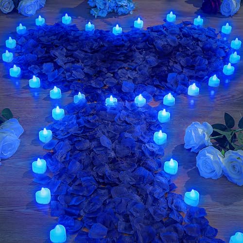 VIHOSE 4000 Pcs Artificial Rose Petals with 24 Pcs LED Tea Lights Candles Flameless LED Candles Fake Rose Petals for Wedding Birthday Party(Blue Light, Blue Petal) by VIHOSE - Used condition - US$11.60