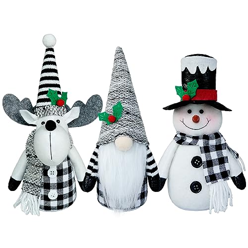 KnomeKo Buffalo Plaid Christmas Decorations Indoor, 3Pack Handmade Reindeer Snowman Santa Gnome with Holly, Winter Snowman Decor for Home Office Table Neutral Gnomes