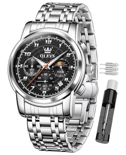 Image of OLEVS Mens Watches Luxury Analogue Chronograph Quartz Waterproof Dress Watch Stainless Steel Date Moon Phase Luminous Business Casual Wrist Watch for Men ((2983) Silver Steel Strip Black dial)