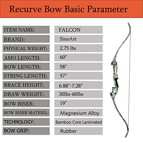 SinoArt Falcon 60" Takedown Hunting Recurve Bow Metal Riser 30 35 40 45 50 55 60 65 70 Lbs Black/Camo Right Handed(60 LBs)