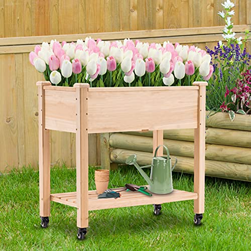 Mcombo Raised Garden Bed, Outdoor Wood Elevated Planter Box Kit On Wheels With Legs, Storage Shelf For Vegetables, Herb And Flowers, 34” X 18” X 30”, 6059-0676 (Natural) #TOP1