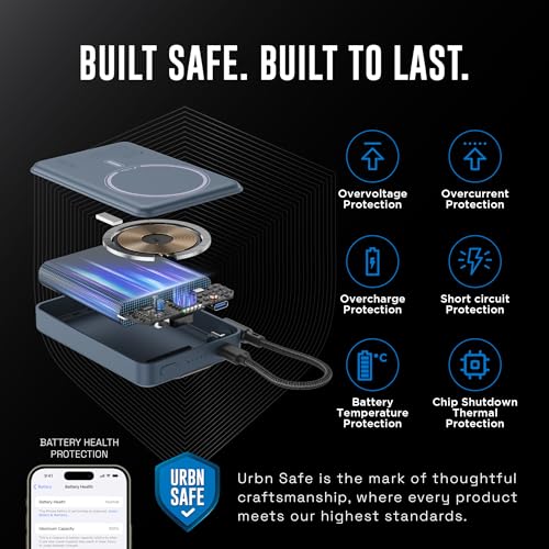 Image of URBN One Premium MagSafe Power Bank 10000mAh | 15W Fast Magnetic Wireless Charging | Built-in Detachable Type C Cable | Dual Port with Pass Through Charging (Midnight Blue)