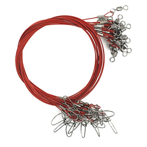 ICYANG 10pcs 150LB Fishing Wire Leaders, Heavy Duty Stainless Steel Fishing Line Leaders with Swivels and Snaps, High-Strength, Red, Length 19\", Diameter 0.04\"