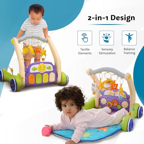 Image of Amazon Brand - Supples 2 in 1 Musical Baby Play Gym with Convertible Walker | Push Walker with Play Piano, Lights, Rattles & Tummy Time Mat for Babies & Toddlers | in The Wild