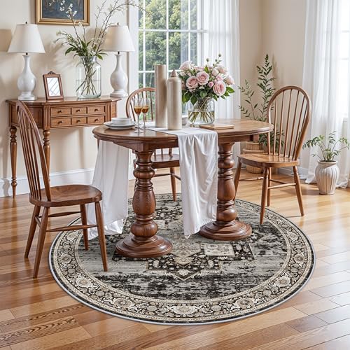 Living Room 4round Area Rugs - Boho Rugs for Bedroom Kitchen Stain Resistant Carpet Vintage Tribal Rugs for Dining Room Bathroom with Non Slip Backing Home Decor Floor Mat 4ft Black