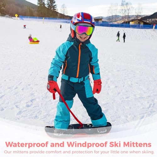 Ski Mittens for Little Ones, Waterproof Windproof Ski Mittens, Warm Coral Fleece Winter Snow Gloves, Winter with Cute Dinosaurs for Aged 4 to 82