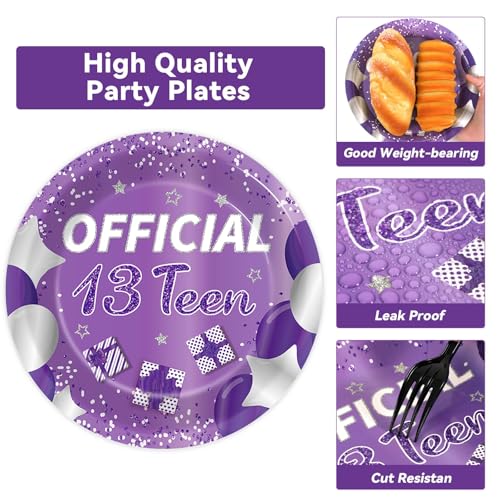 Image of Qyeahkj 100 Pcs Purple Official Teen Birthday Decor 13th Birthday Plates Napkins Forks Set Disposable Official 13th Tableware Teenager Paper Plates Dinnerware Decorations Serve 25
