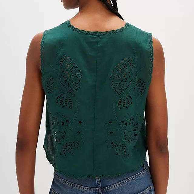 Women Sleeveless Tie Front Top Sweet Deep V-Neckline Boxy Fit Floral Embroidery Throughout Vest Tank Top Eyelet Trim4