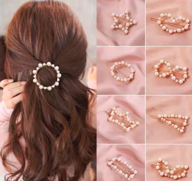 Korean Style Gold Metal Pearl Geometric Stone Lock Hair Pins Hair Clip Hair Accessories Jewellery for Women And Girls (6 PCS)