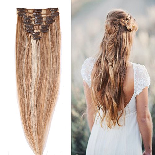 100% Real Remy Clip in Hair Extensions 16-22inch Grade AAAAA Natural Hair Full Head Standard Weft 8 Pieces 18 Clips Long Straight(22" / 22 inch 80g,#18/613 light Ash Blonde with Bleach Blonde)