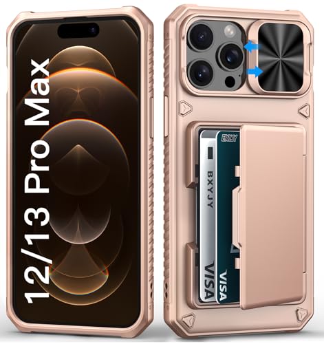 BXYJY for iPhone 12 Pro Max & 13 Pro Max Case Wallet with Card Holder (4-5 Cards), Military Grade Drop, Slide Camera Cover, Shockproof Heavy Duty Men Women Phone Case for iPhone 12 Pro Max, Rose Gold