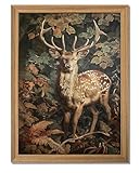 AKWISH Framed 3D Textured Vintage Wall Art - Dark Academia Decor Sika Deer Hand Drawn Sandstone Paintings with Botanical Florals, Aesthetic Wall Decor for Living Room Bedroom Home 12x16 inch