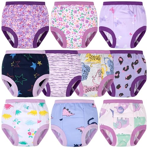 BIG ELEPHANT 10 Packs Baby Girls' and Boys' Potty Training Pants, 100% Cotton Absorbent Training Underwear for Toddler, 3T