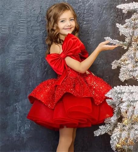 Red Sequin Toddler Pageant Dress Short Christmas Flower Girl Dress Bows Knee Length Kids Prom Ball Gowns2