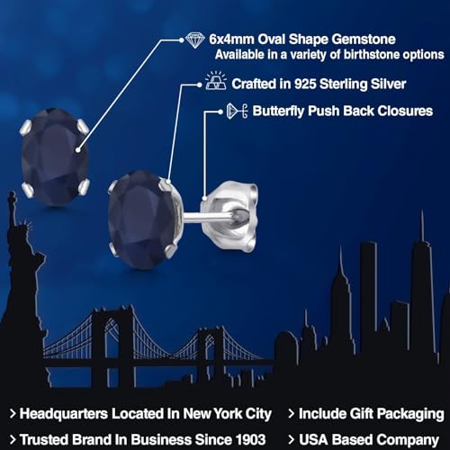 Gem Stone King 925 Sterling Silver Blue Sapphire Stud Earrings For Women Men (0.80 Cttw, Gemstone Birthstone, Oval 6X4MM)2