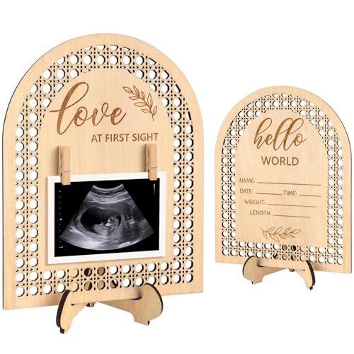 Vesavifaka Meilensteinkarten Baby Bois, Cadre Photo Échographique, Panneau en Bois à Double Face en Rotin pour Annonce de Grossesse ou de Naissance,...
