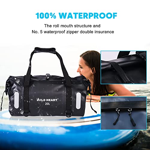 WILD HEART Waterproof Bag Duffel Bag 20L 30L 40L with Welded Seams Shoulder Straps, Mesh Pocket for Kayaking, Camping, Boating,Bicycle,Motorcycle3