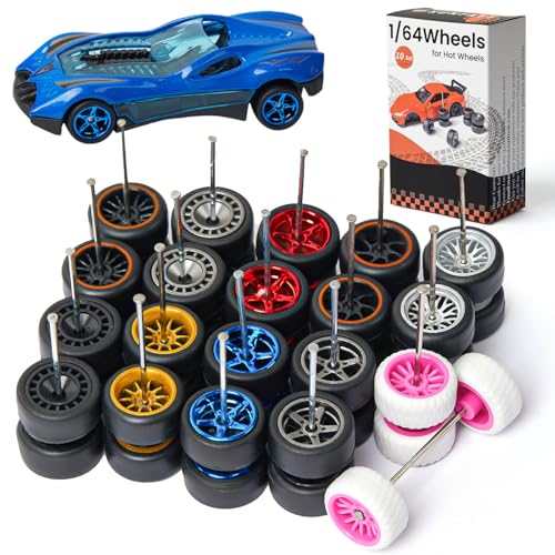 1/64 Wheels for Hot Wheels,1:64 Scale Wheel and Tires Kit,Rim Rubber Tires for 10 Cars,Axles That are Easy to Install,Suitable for Basic Hot Wheel and Matchbox(10 Sets)