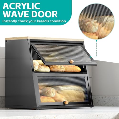 Urackify Large Bread Bin for Kitchen Storage - Black Bread Box | Bread Storage Containers | Breadbin with Striped Window, Wood Handle & Removable Layers | Biscuits & Pantry Items - Cosy Home Interiors Urackify Large Bread Bin for Kitchen Storage - Black Bread Box | Bread Storage Containers | Breadbin with Striped Window, Wood Handle & Removable Layers | Biscuits & Pantry Items - Image 2