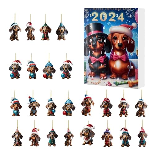 Weihnachtsbaum Dackel Anhänger Adventskalender 2024, 24-Tage-Weihnachts-Countdown-Kalender Dackel Anhängerbox Für Erwachsene, Kinder, 2D Acryl Dackel Hängeanhänger, Weihnachtsbaumschmuck