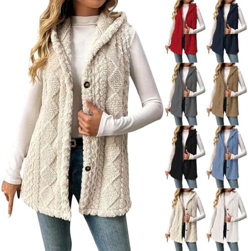 Fuzzy Vest Women Casual Faux Fur Button Down Hooded Sherpa Vest Soft Sleeveless Fleece Winter Outerwear Jacket Coat