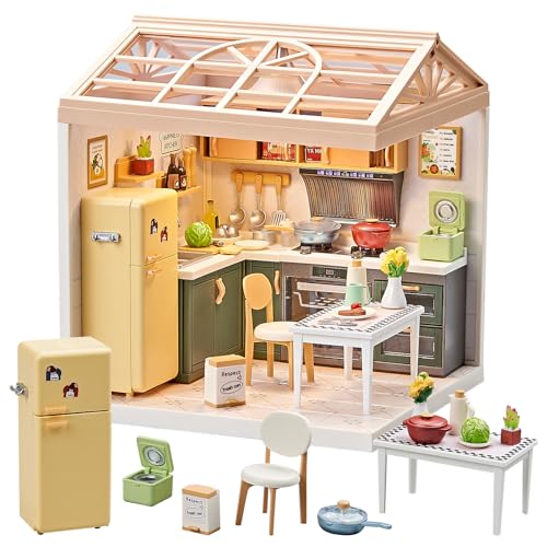 Qudify Miniature Kitchen DIY House Kit 126Pcs Cooking Room Furniture Set with Plug-in LED Light & Modular Base 1:24 Scale Model for Kids 8+ Teens & Hobbyists