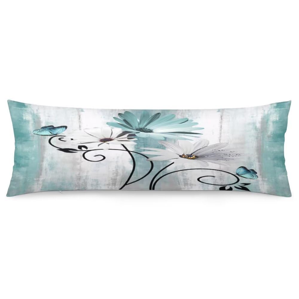 Daisy Flower Body Pillow Cover Foral with Butterfly Farmhouse Long Pillow Case Protector Hidden Zippered Pillowcase Decorative Soft Rectangle Bed