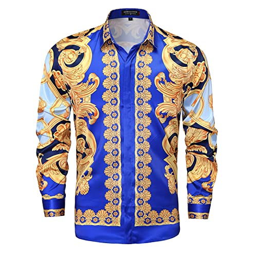 Men Gold Fashion Luxury Printed Satin Long Sleeve Button-Down Shirts Flashy Retro Gorgeous Design Party Gift Shirt