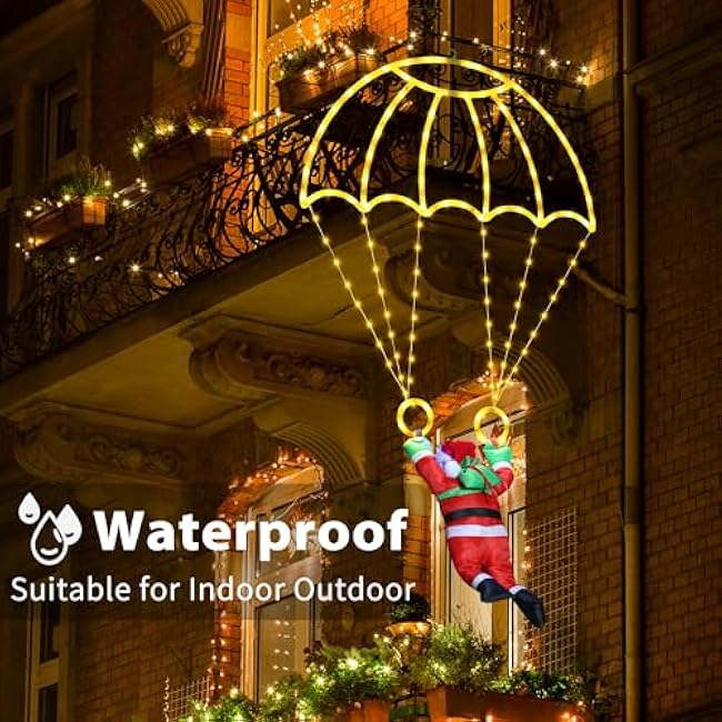 Toodour Christmas Decorations Lights Outdoor, 2.8FT Christmas Parachute Lights with Santa Claus, Waterproof 8 Modes Hanging Warm White Xmas Light - Holiday Decorative Light for Indoor Eave Roof