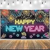 Picture of KatchOn, XtraLarge Neon Happy New Year Banner - 72x44 Inch | Glow in The Dark New Years Eve Party Supplies 2026 | Colorful Happy New Years Backdrop 2026, Happy New Year Decorations 2026 Multicolor