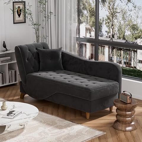 OUYESSIR Upholstered Velvet Chaise Lounge Indoor, Adjustable Sofa Recliner Lounge Chair with Storage and 1 Pillow, Button Tufted Lounge Chaise for Living Room, Bedroom, Office, Black Cover