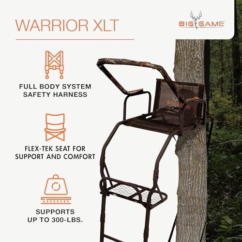 BIG GAME 1-Person Ladder Tree Stand for Hunting Deer, Flex-Tek Seat, 17' Tall, Black - Adjustable Climbing Treestand with Platform and Safety Harness for Shooting