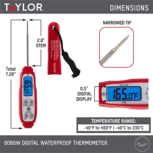 Taylor Digital Waterproof Thermometer With Bright Blue Backlight For Kitchen, Meat, Food, Grill, Bbq Cooking, Red, Standard,(806Gw) #TOP1